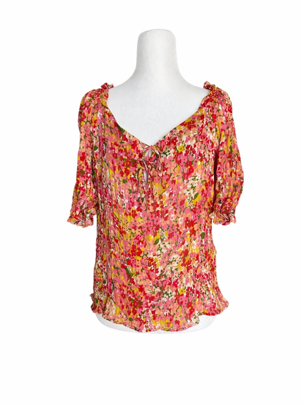 Sezane Pink Floral V-Neck Tie Blouse